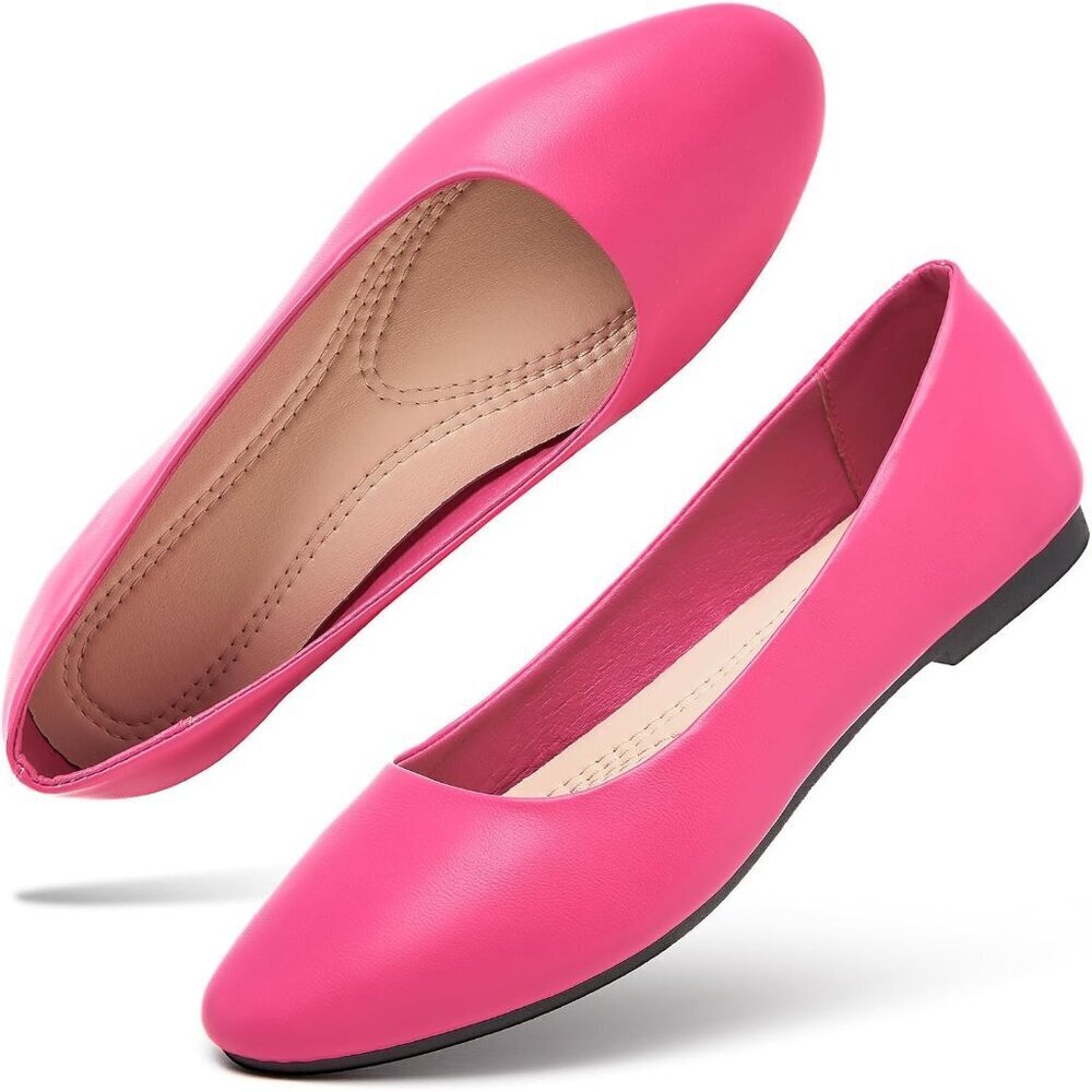 Women's Rose Red PU Leather Closed Toe Slip on Comfortable Ballet Flats Shoes